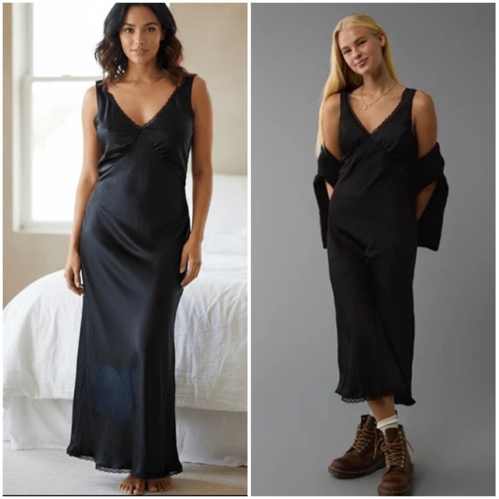 NWT American Eagle Outfitters Black Satin Lace Slip Maxi Dress S Quiet Luxury